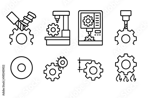 outline vector icons of gear manufacturing: gear cutting tool, hobbing machine, CNC gear icon, machining gear, gear blank, finishing wheel, gear profile drawing, heat treatment. set of line style