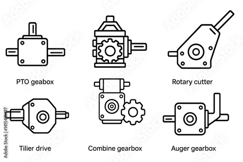outline vector icons of agricultural gearbox: PTO gearbox, tractor transmission, rotary cutter gearbox, tiller drive, combine gearbox, sprayer pump gear, baler gearbox, auger gearbox. ine style icons