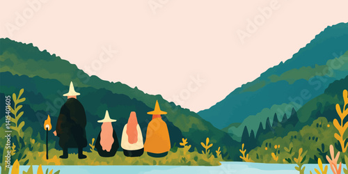 Four figures, possibly witches or wise women, clad in flowing robes and conical hats, sit by a tranquil lake, gazing at a picturesque mountain valley.