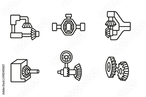 outline vector icons of mechanical gears: spur gear, bevel gear, worm gear, helical gear, ring gear, pinion, gear system, gear rotation. set of line style icons in a modern, minimalist design.