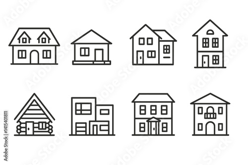 outline vector icons of house types: cottage, bungalow, duplex, townhouse, villa, cabin, modern house, colonial house. set of line style icons in a modern, minimalist design.