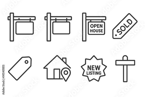 outline vector icons of real estate map: home pin, open house, for sale icon, sold tag, rent marker, apartment pin, property search, location rating., set of line style icons in a modern, minimalist