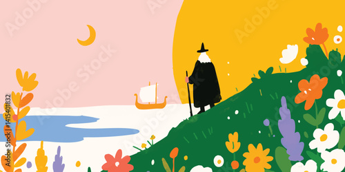 A serene illustration depicts a figure contemplating a ship sailing in the ocean, with blooming flowers, sunshine, and a crescent moon create a sense of tranquility and wanderlust.