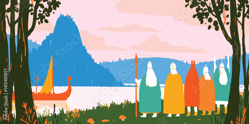 A historical depiction of a viking ship sails across the water as several figures stand, possibly warriors. set amidst a lush landscape with the promise of a new adventure.