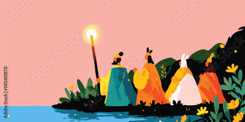 Enchanting illustration of a serene procession of three figures, illuminated by a radiant, holding a staff, traversing a dreamlike landscape, evoking a sense of mysticism and wonder.