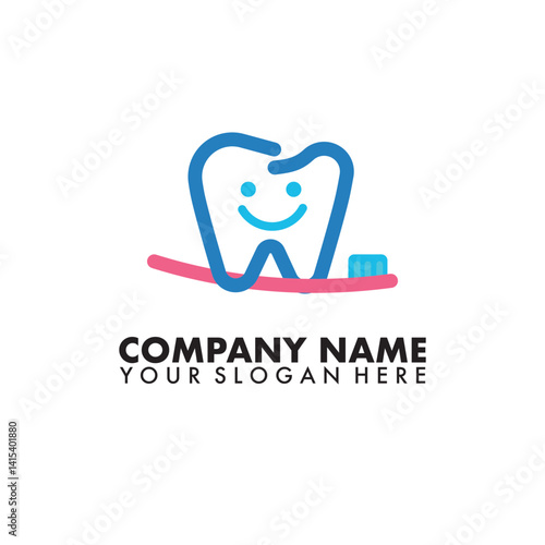 Tooth logo with smile expression and toothbrush with line style