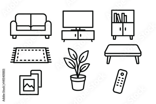 outline vector icons of living room decor: couch, coffee table, TV, floor lamp, remote control, bookshelf, wall art, houseplant.-based, no labels set of flat isometric style icons in a modern,