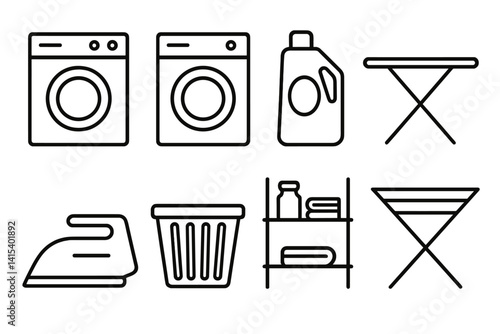 outline vector icons of laundry room: washer, dryer, laundry basket, detergent, drying rack, ironing board, iron, fabric softener. set of line style icons in a modern, minimalist design.