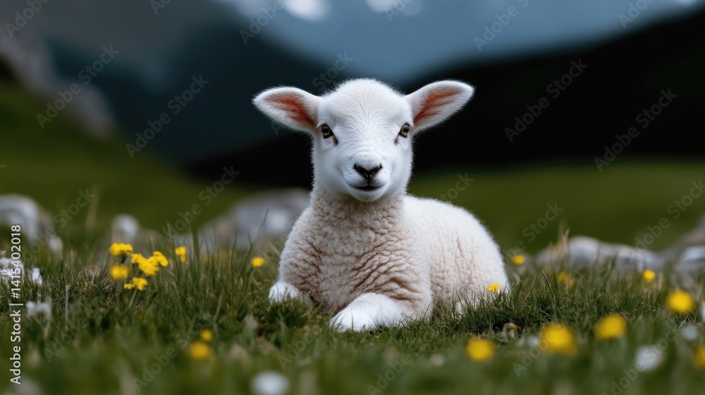 Cute lamb resting in a grassy field Cute lamb resting in a grassy field