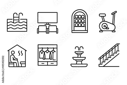 outline vector icons of luxury home features: pool, home cinema, wine cellar, gym, sauna, walk-in closet, indoor fountain, grand staircase. set of line style icons in a modern, minimalist design.