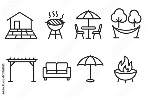 outline vector icons of outdoor living: patio, BBQ grill, garden table, hammock, pergola, outdoor sofa, umbrella shade, fire pit. set of line style icons in a modern, minimalist design.