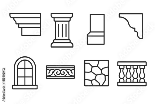 outline vector icons of architectural details: cornice, column, baseboard, molding, window arch, decorative trim, stone cladding, balustrade. set of line style icons in a modern, minimalist design.