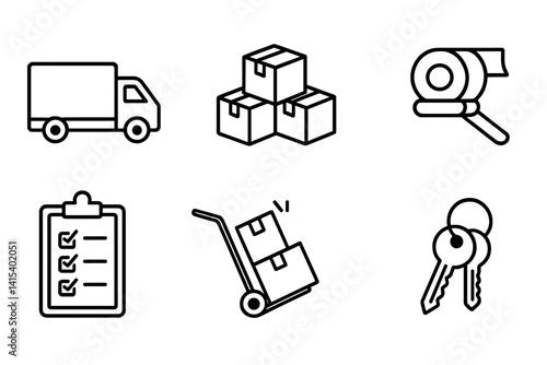 Logistics and delivery icons set: linear style featuring truck, boxes, tape, and more