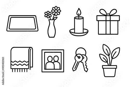 outline vector icons of housewarming elements: welcome mat, flower vase, candle, gift box, cozy blanket, framed photo, new keys, houseplant. set of line style icons in a modern, minimalist design.