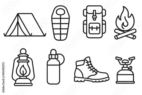 outline vector icons of camping gear: tent, camp stove, lantern, sleeping pad, cooler, camp chair, rope, matchbox. ine style icons in a modern, minimalist design.