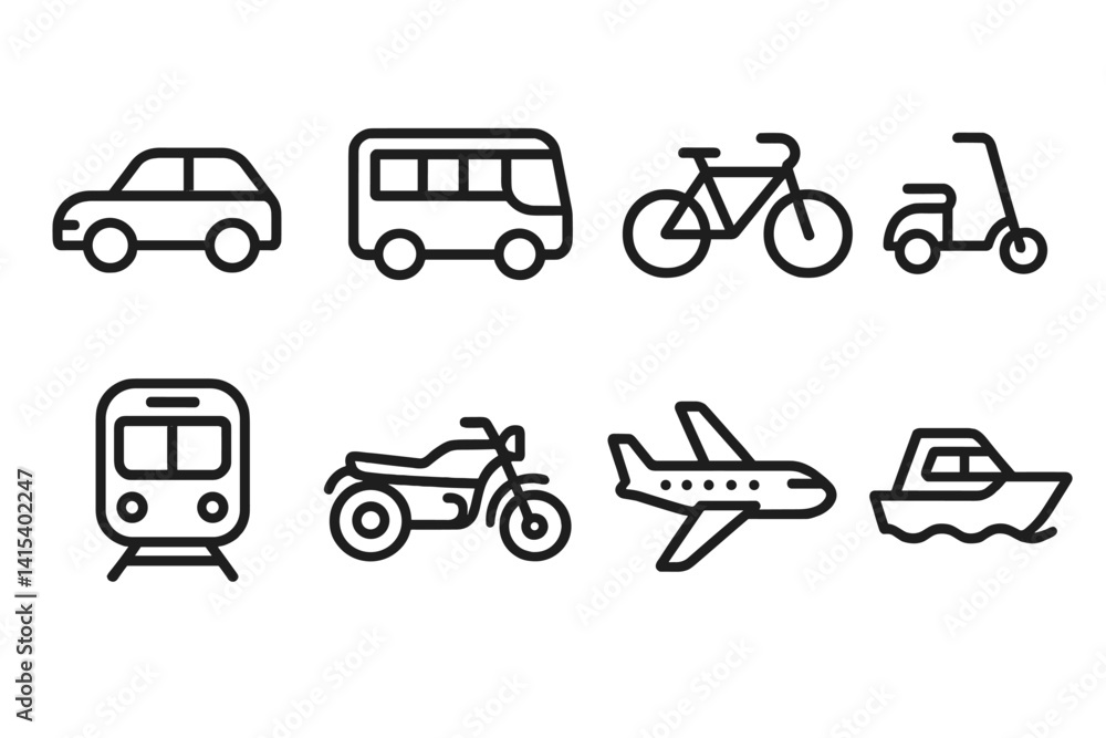 Fototapeta premium outline vector icons of baby transportation: stroller, baby car seat, carrier wrap, baby swing, bike seat, travel crib, sling, baby backpack. set of line style icons in a modern, minimalist design.