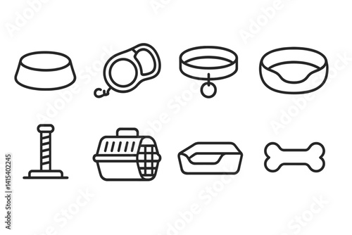Pet accessories linear icons set: leash, collar, bowl, bed, scratcher, carrier, bone