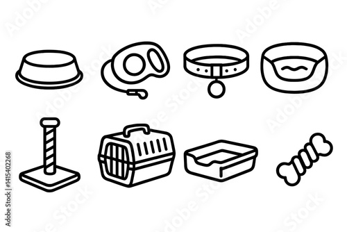 Pet accessories line icons set: bowls, carriers, collars, beds, and more