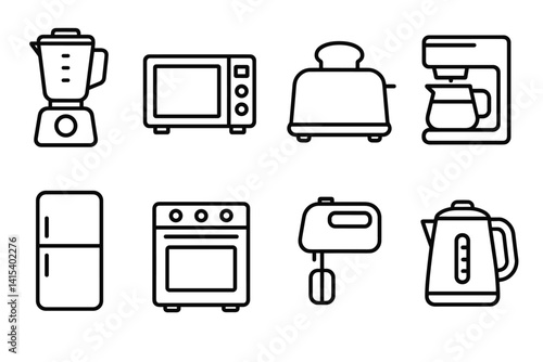 Essential kitchen appliances icon set: linear style for modern designs