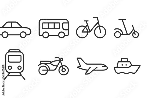 outline vector icons of location in transport: bus stop, train station, airport, ferry terminal, taxi stand, subway station, bike rental, EV charging. set of line style icons in a modern, minimalist