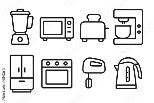 Kitchen appliance icons set: linear design featuring essential home gadgets
