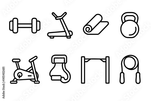 outline vector icons of fitness gear: resistance band, dumbbell, yoga mat, barbell, weight plate, bench, foam roller, pull-up bar. set of line style icons in a modern, minimalist design.