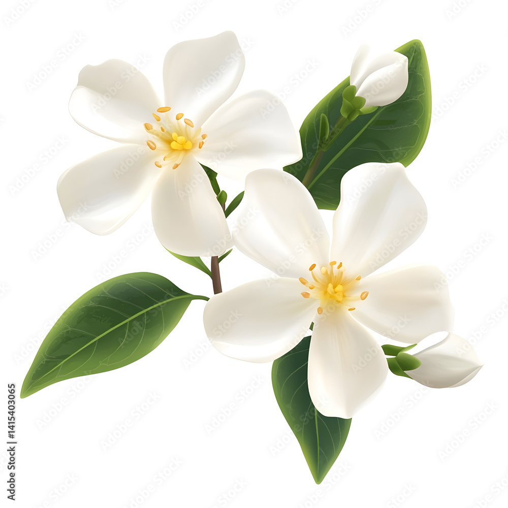 Obraz premium realistic jasmine flower with delicate white petals and yellow center small green leaves detailed botanical illustration clip art white background