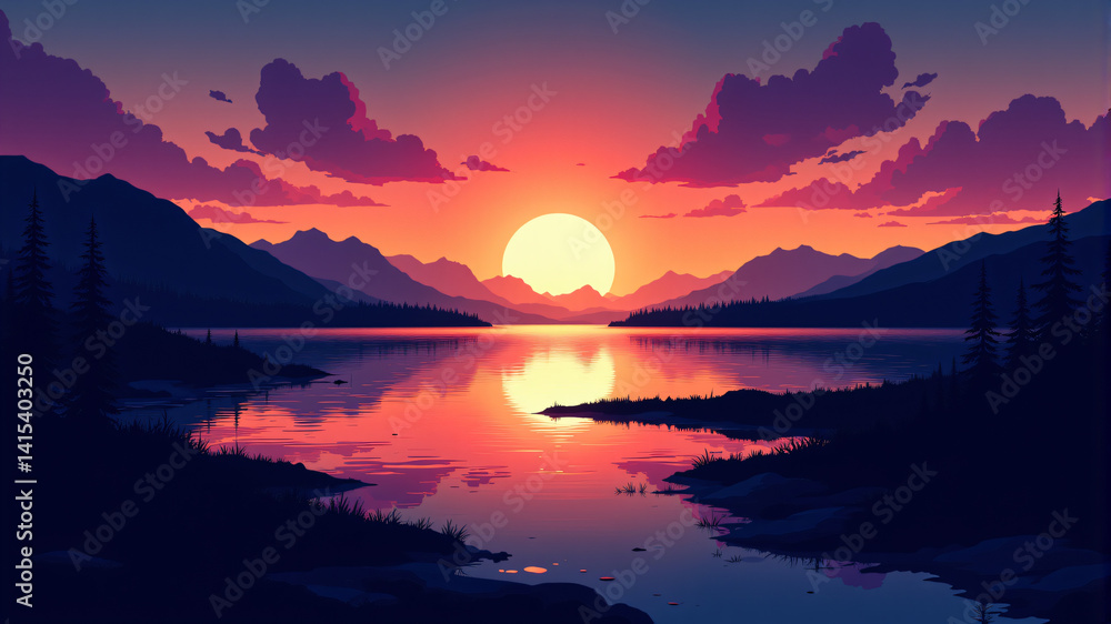 Fototapeta premium Stunning Sunset Over Serene Lake Landscape
