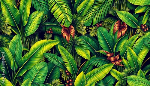 Fototapeta Naklejka Na Ścianę i Meble -  Vintage tropical botanical palm & banana seamless pattern, lush green jungle foliage, green, repeat