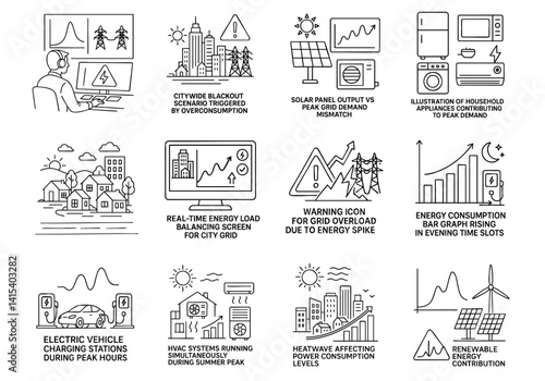peak energy demand concept. Energy management and sustainability graphics in black and white.