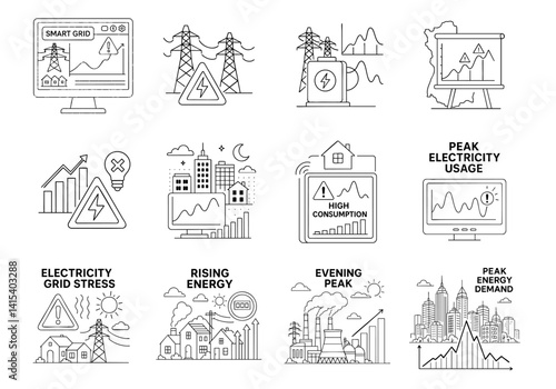 peak energy demand concept. Illustrations depicting electricity usage and grid management concepts.