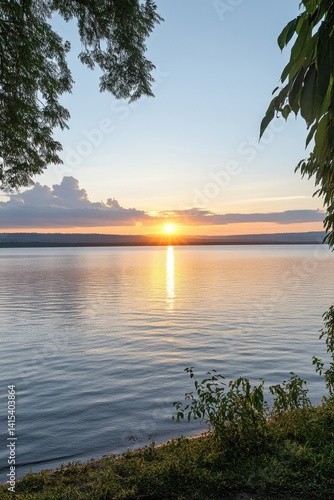 Serene sunset over tranquil lake, framed by foliage