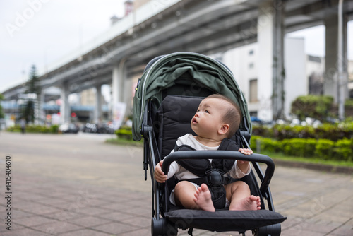 Baby on Stroller Exploring City Streets Outdoors