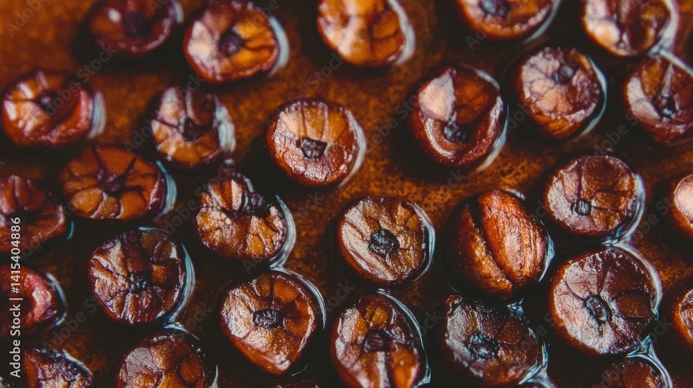 Close up on roasted cocoa beans in their liquid, delicious brown tone with highlights. Close up on roasted cocoa beans in their liquid, delicious brown tone with highlights.