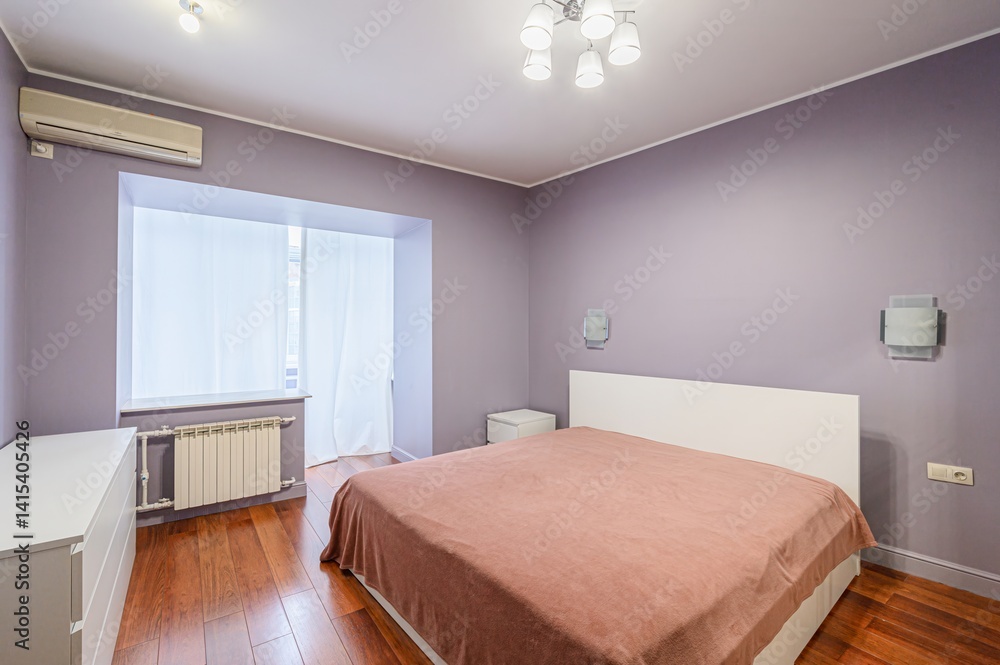 Naklejka premium interior room apartment bedroom with bed, cozy place to sleep and relax