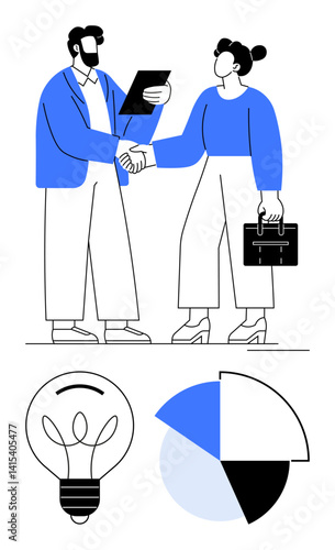 Wallpaper Mural Professionals shake hands holding documents and briefcase lightbulb and pie chart below. Ideal for teamwork, partnership, innovation, business proposal, job interview, presentation, and consultancy Torontodigital.ca