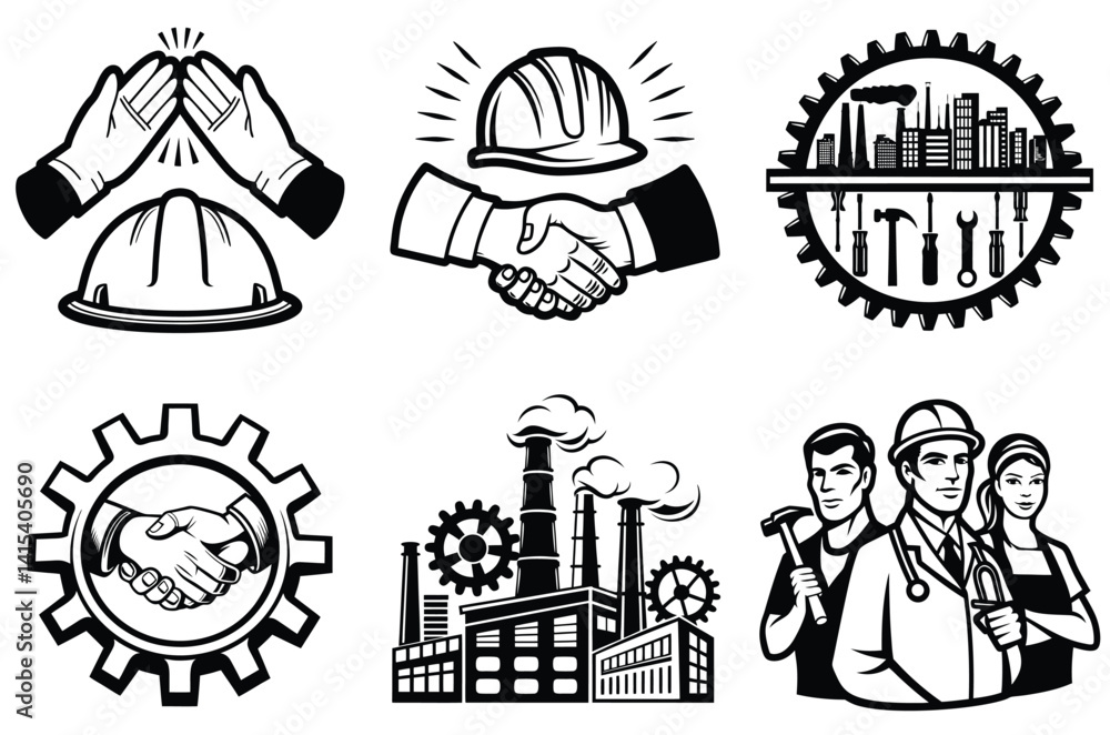 Fototapeta premium A collection of black and white illustrations highlighting themes of industrial work, labor unity, and collaboration. Featuring symbols of teamwork, industrial tools, and workers