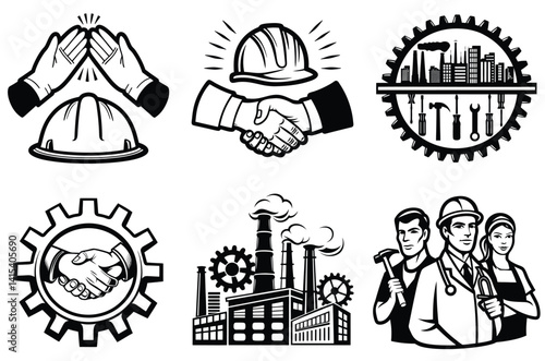 A collection of black and white illustrations highlighting themes of industrial work, labor unity, and collaboration. Featuring symbols of teamwork, industrial tools, and workers