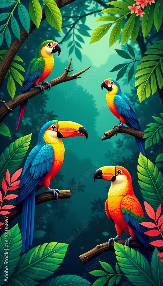 Fototapeta premium Vibrant vector illustration of tropical animals in lush jungle foliage, suitable for fabric printing or packaging design, fabric, printing