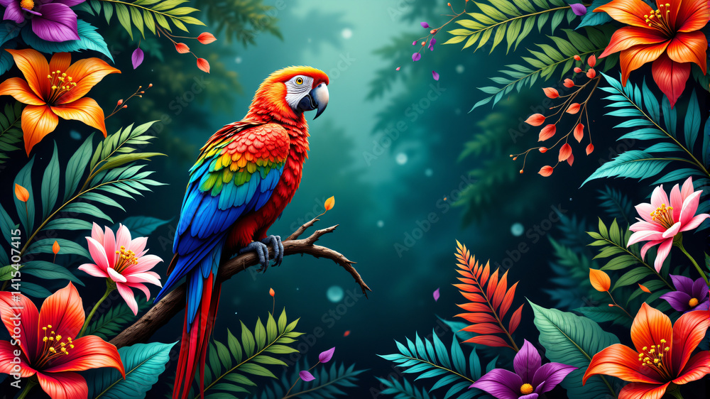 Obraz premium Vibrant Parrot Amidst Lush Tropical Foliage