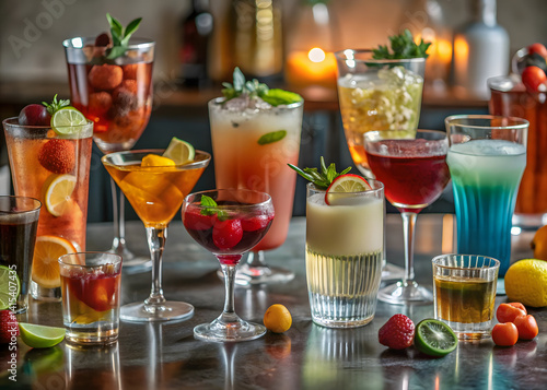 Wallpaper Mural Colorful Cocktails in a Vibrant Bar Setting  Nightlife Drinks Display for Party and Lounge Scenes glass of champagne new 2025 trendy cocktails on the table in bar Torontodigital.ca
