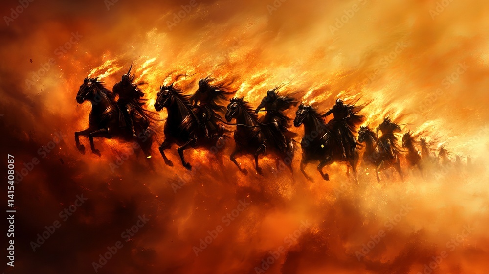 Fototapeta premium A Line of Pharaohs in Chariots are Racing Amidst Flames and Smoke, with each Pharaoh appearing Dark against the Bright Light.