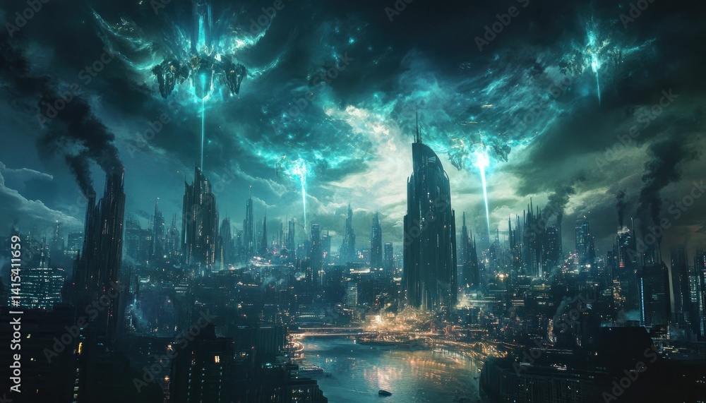 Futuristic metropolis under a shimmering ethereal sky, illuminated by celestial streams Futuristic metropolis under a shimmering ethereal sky, illuminated by celestial streams