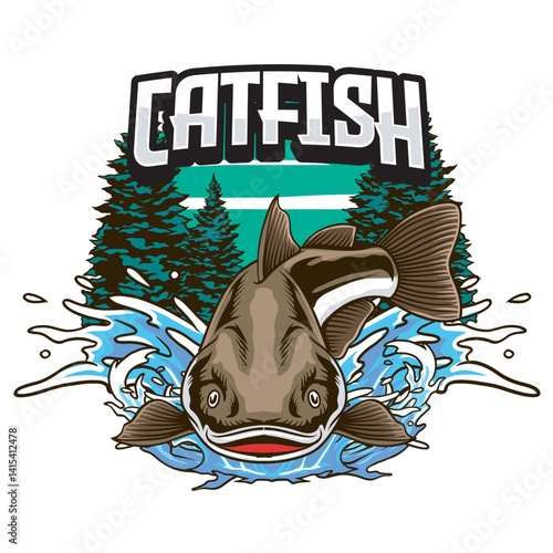 Vector Illustration of Catfish with Vintage Retro Illustration Available for Tshirt Design