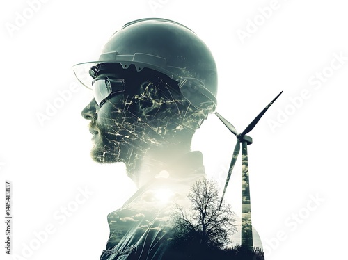 A double exposure photograph on engineer and windmills on a white background