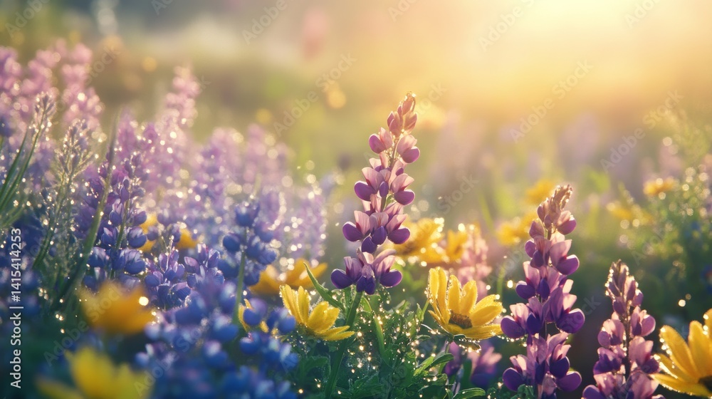 Obraz premium Sunrise over vibrant wildflower meadow with morning dew droplets