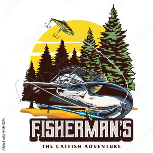 Vector Illustration of Catfish and Boat with Vintage Retro Illustration Available for Tshirt Design