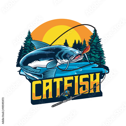 Vector Illustration of Catfish and Fishing Rod with Vintage Retro Illustration Available for Tshirt Design