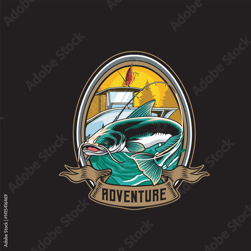 Vector Illustration of Catfish and Boat with Vintage Retro Illustration Available for Logo Badge