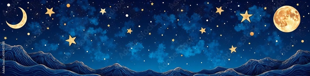 Whimsical night sky doodles in seamless pattern, celestial, moon Whimsical night sky doodles in seamless pattern, celestial, moon